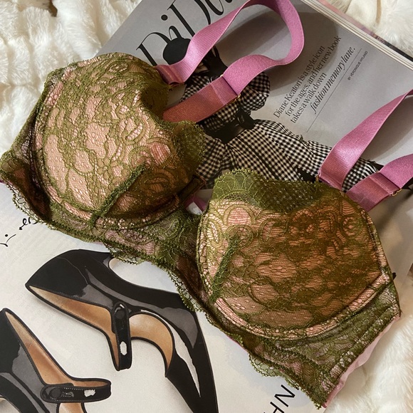 Lace Overlay Bra in Olive Green and Pink - Picture 1 of 6